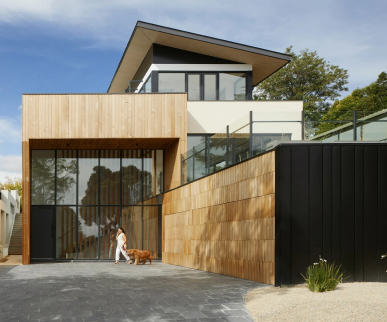 Contemporary residence exterior in timber and glass