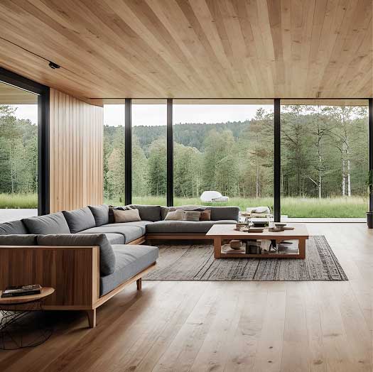 Living room with timber ceiling and forest views