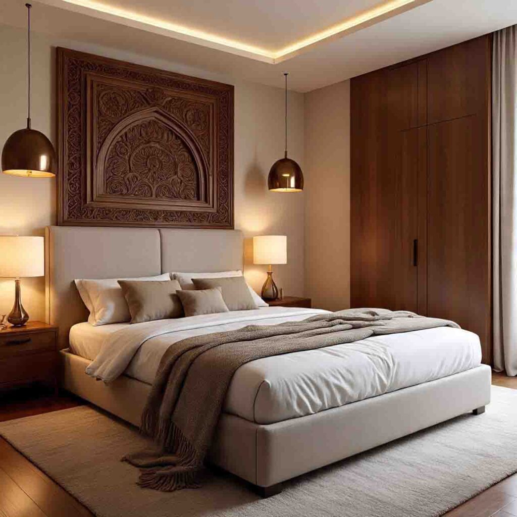 Warm, softly lit bedroom interior