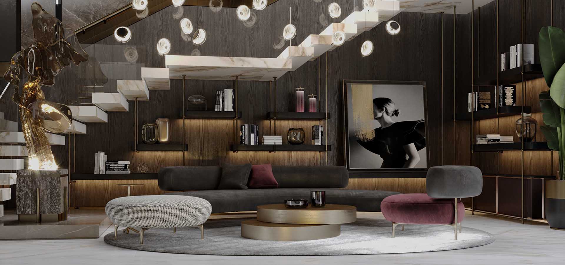 Luxury living room with feature staircase and statement lighting by Ebony Studio